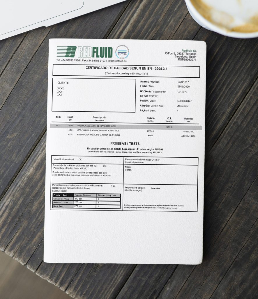 Certificate of API 598 valve Redfluid